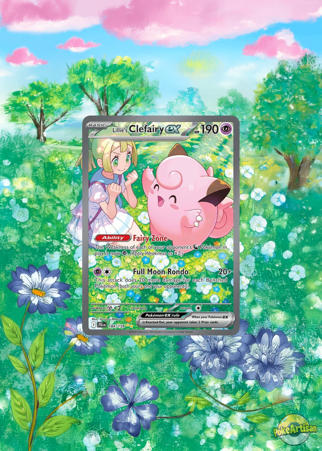 Lillie's Clefairy ex Pokémon card on a painted spring meadow background with blue flowers.