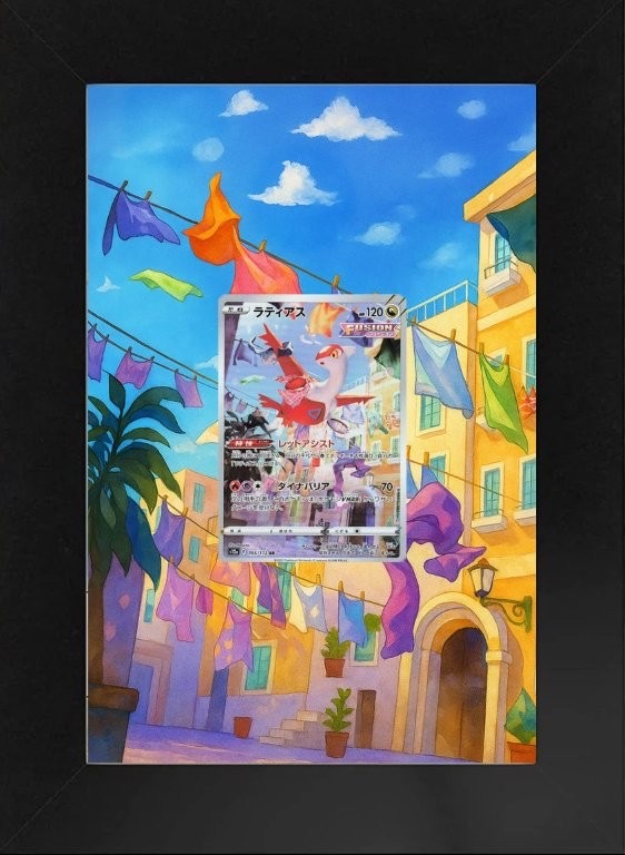 Framed Latias Pokémon card on a sunny Mediterranean street background.