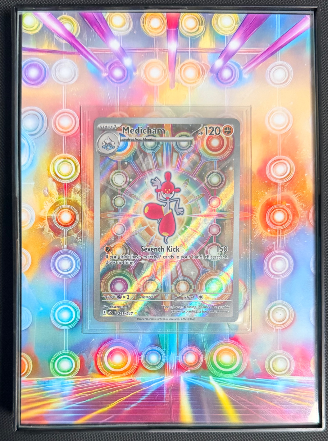 Framed Medicham Pokémon card on a rainbow prism light background.