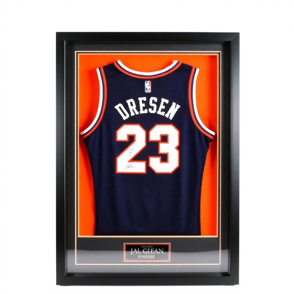 Signed basketball jersey framed in a black shadowbox with engraved nameplate.