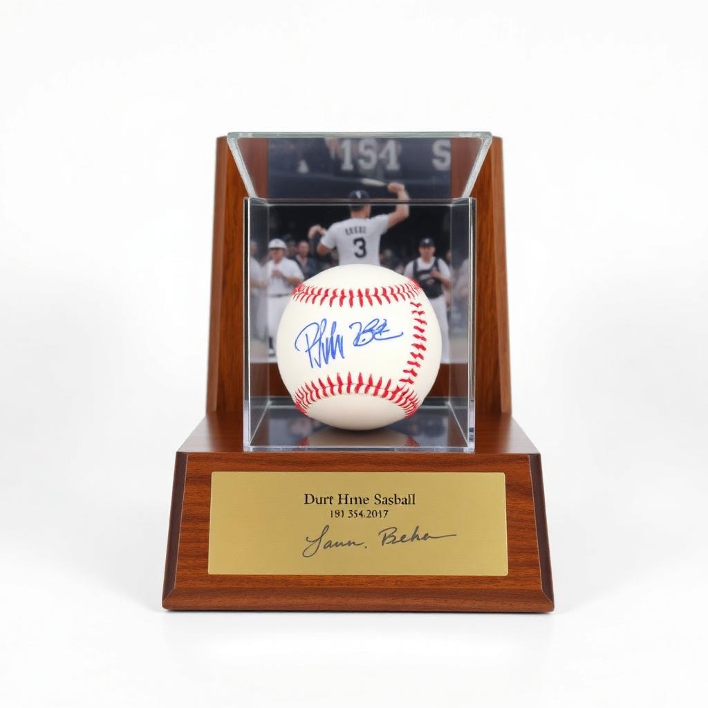 Signed baseball in a clear acrylic case mounted on a wooden plaque.