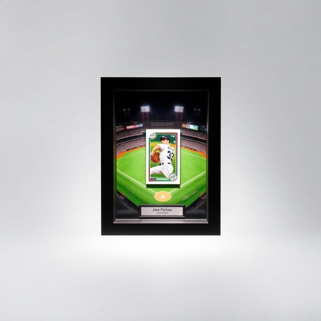 Framed baseball card on a green baseball-diamond background.