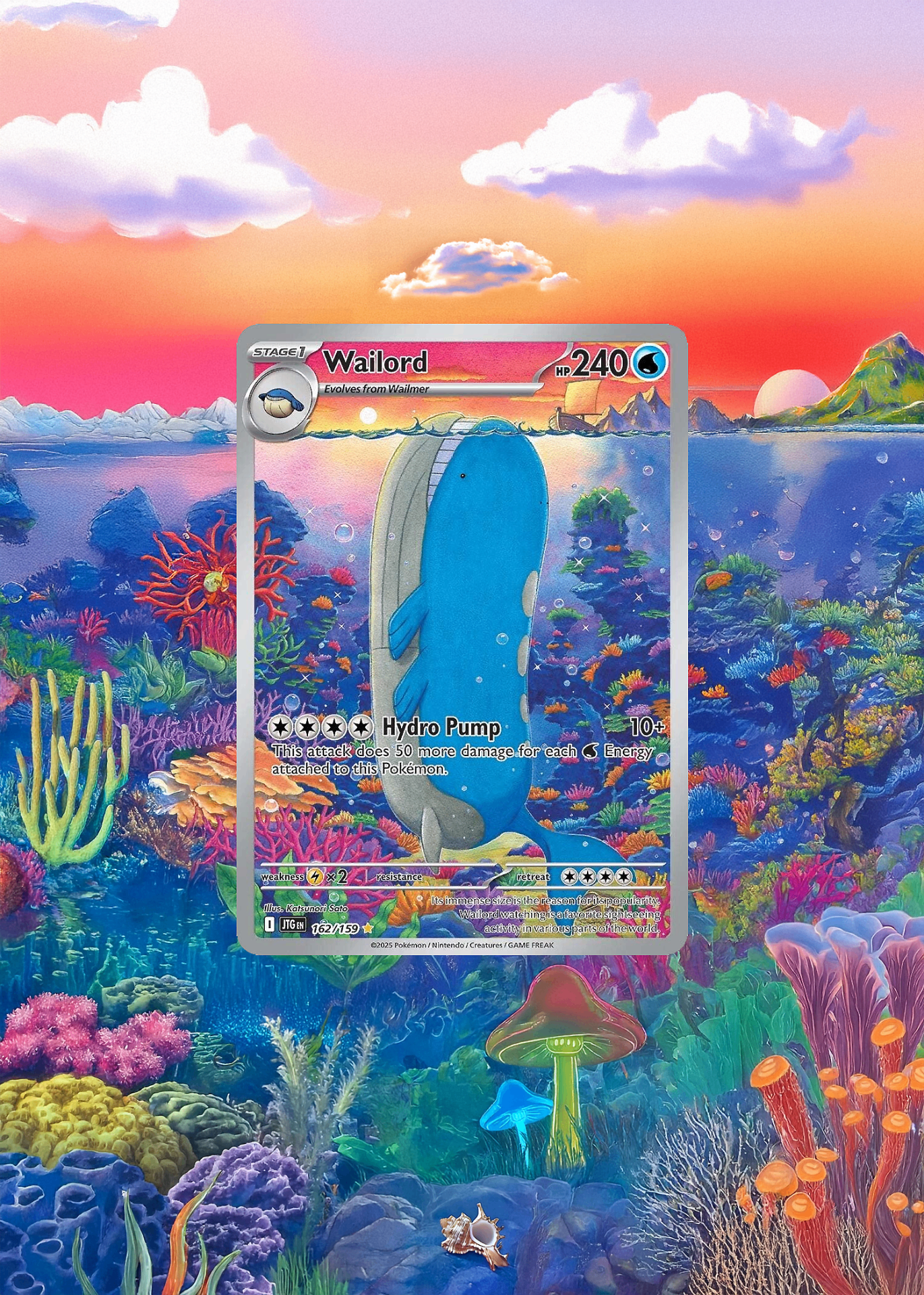 Wailord Pokémon card on a sunset coral reef background.