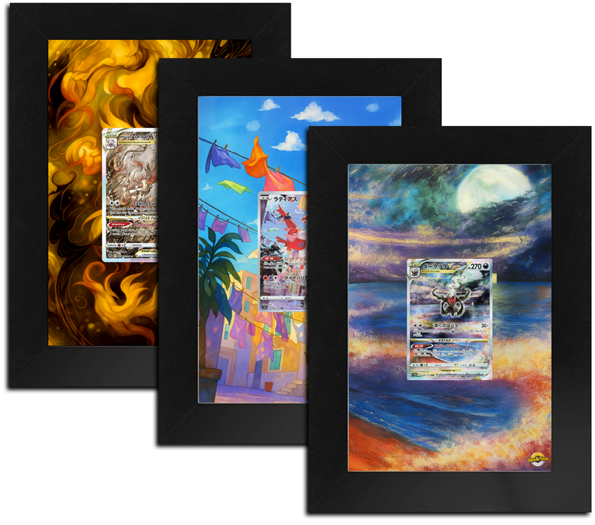 Three black-framed PokeArtisan custom backgrounds fanned out: a swirling golden flame scene with a Zoroark VSTAR card, a sunny laundry-line cityscape with a Latios card, and a moonlit ocean scene with a Japanese Darkrai VSTAR card.