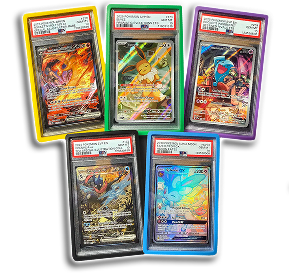 Five PSA-graded Gem Mint 10 Pokémon slabs in colored cases — Moltres ex, Eevee, Wobbuffet, Greninja ex, and Sylveon GX — arranged in a fanned display.